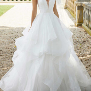 Long Ball Gown V Neck Sweep Brush Train Organza Backless Wedding Dresses