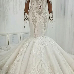 long mermaid high neck floor length tulle applique wedding dress with sleeves showprettydress