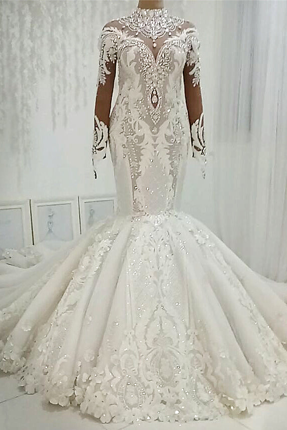 long mermaid high neck floor length tulle applique wedding dress with sleeves showprettydress long mermaid high neck floor length tulle applique wedding dress with sleeves showprettydress