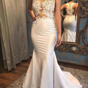 Long Mermaid Satin Applique Lace Court Train Wedding Dresses