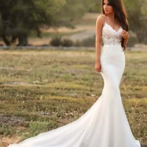 Long Mermaid Spaghetti Strap V Neck Satin Lace Wedding Dresses