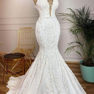 Long Mermaid Strapless Appliques Lace Satin Wedding Dress
