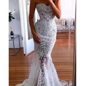 Long Mermaid Sweetheart Lace Appliques See through Wedding Dress