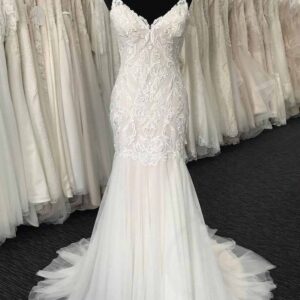Long Mermaid Tulle V Neck Lace Wedding Dress