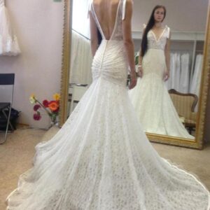 Long Mermaid V Neck Lace Open Back Wedding Dress