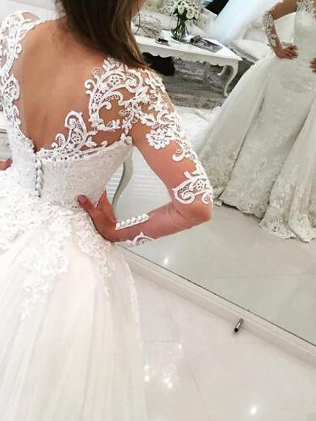 long-mermaid-v-neck-sweep-brush-train-lace-tulle-wedding-dresses-with-sleeves-showprettydress-2 Long Mermaid V Neck Sweep Brush Train Lace Tulle Wedding Dresses with Sleeves - Image 2