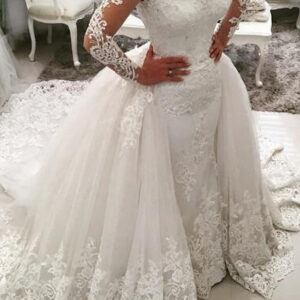 Long Mermaid V Neck Sweep Brush Train Lace Tulle Wedding Dresses with Sleeves