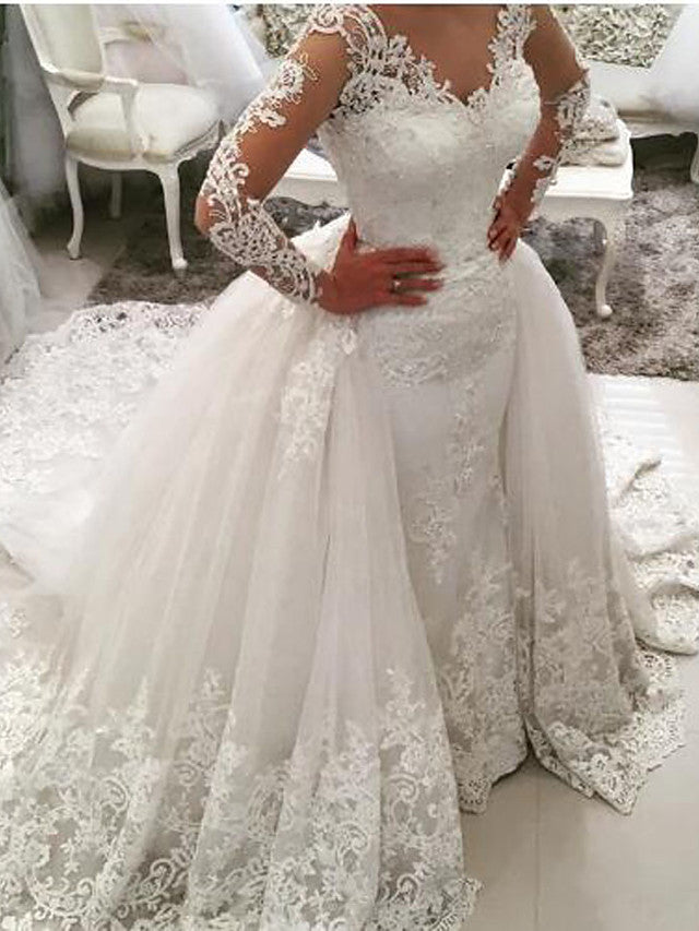 long-mermaid-v-neck-sweep-brush-train-lace-tulle-wedding-dresses-with-sleeves-showprettydress Long Mermaid V Neck Sweep Brush Train Lace Tulle Wedding Dresses with Sleeves