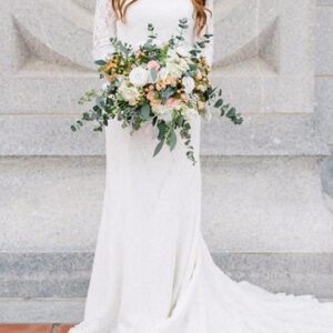Long Sheath V Neck Sweep Brush Train Chiffon Lace Wedding Dresses with Sleeves