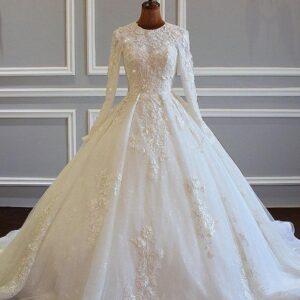 Long Sleeved Ball Gown Satin Wedding Dresses With Lace Flowers