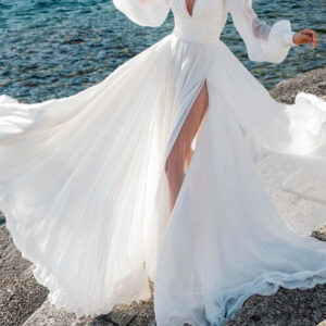 Long Sleeves A-Line V Neck Sweep Brush Train Chiffon Wedding Dresses with Slit