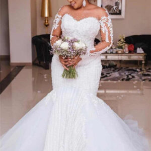 long sleeves appliques sheer tulle mermaid lace wedding dresses bridal gowns showprettydress