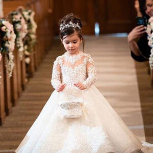long sleeves ball gown tulle flower girls dresses with bow showprettydress