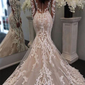 long sleeves lace mermaid btidal gowns amazingretro sheer tulle wedding dress showprettydress