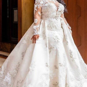 long sleeves lace white mermaid bridal gowns with trendy overskirt showprettydress