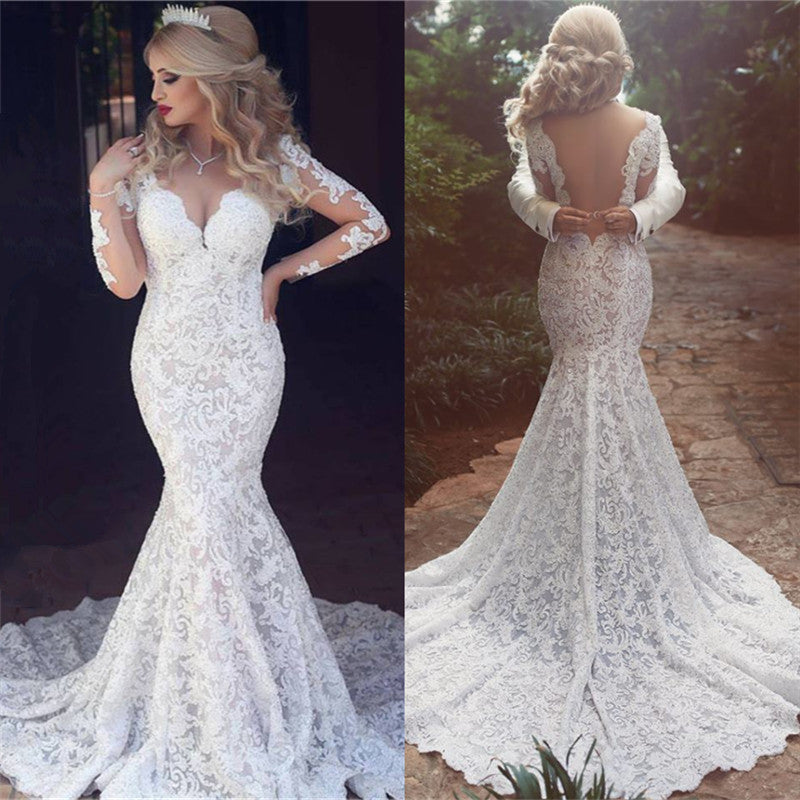 long sleeves mermaid lace wedding dress modern open back v neck classic bridal gown showprettydress 3 long sleeves mermaid lace wedding dress modern open back v neck classic bridal gown showprettydress 3