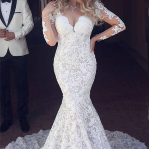long sleeves mermaid lace wedding dress modern open back v neck classic bridal gown showprettydress