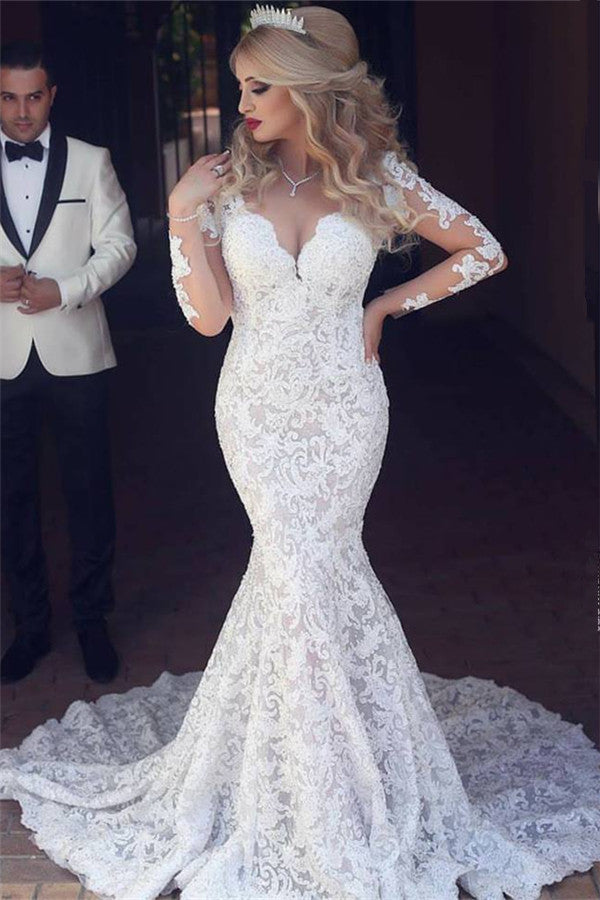 long sleeves mermaid lace wedding dress modern open back v neck classic bridal gown showprettydress long sleeves mermaid lace wedding dress modern open back v neck classic bridal gown showprettydress