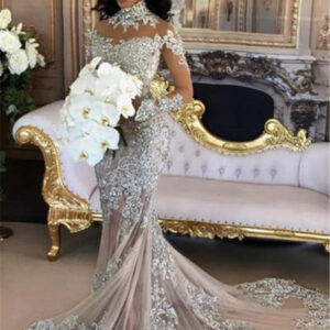 long sleeves silver high neck popular evening dress lace mermaid luxurious wedding dresses showprettydress