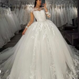 long sleevess lace appliques tulle wedding gown white garden aline spring bridal gown showprettydress
