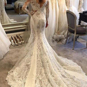 long sleevess lace mermaid court train v neck wedding dresses showprettydress