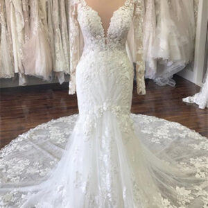 long sleevess v neck mermaid white long train wedding dress showprettydress