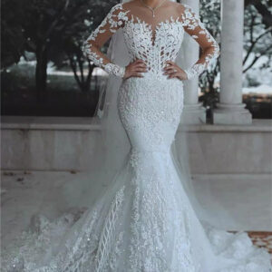 Luxurious Beaded Lace Mermaid Wedding Dresses with Sleeves Sheer Tulle Appliques Bridal Gowns