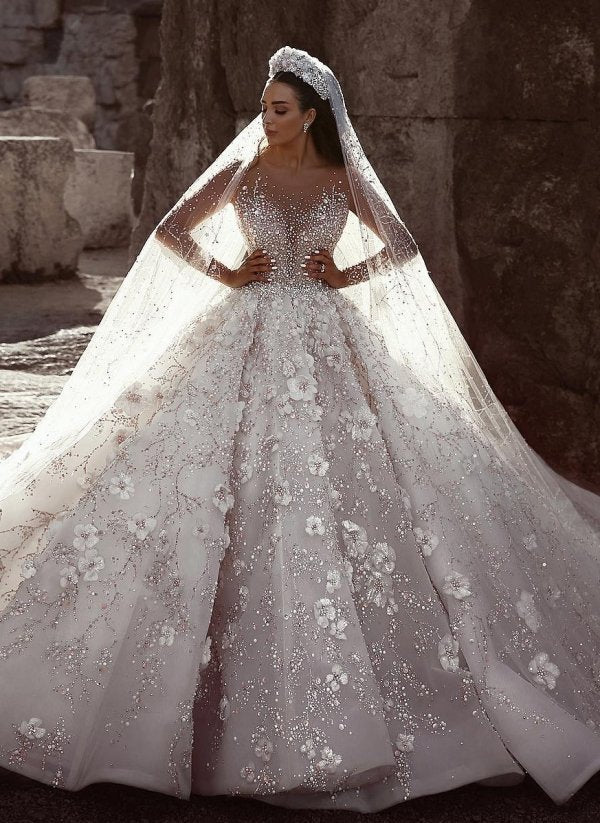luxurious-beading-floral-bridal-gowns-sheer-neck-long-sleevess-ball-gown-wedding-dresses-showprettydress-2 Luxurious Beading Floral Bridal Gowns Sheer Neck Long Sleevess Ball Gown Wedding Dresses - Image 2