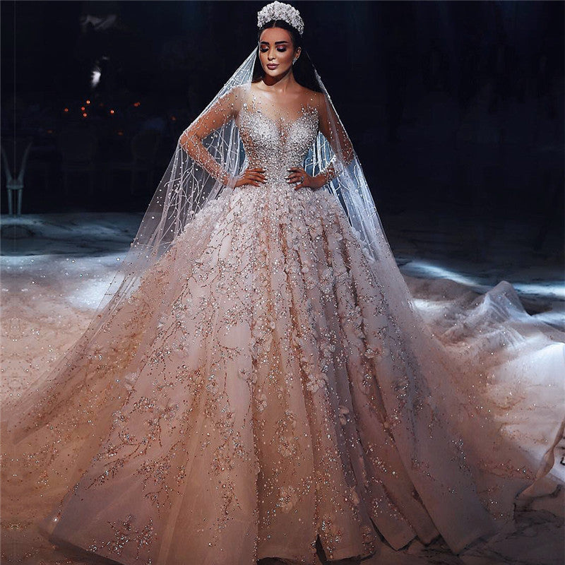 luxurious-beading-floral-bridal-gowns-sheer-neck-long-sleevess-ball-gown-wedding-dresses-showprettydress-3 Luxurious Beading Floral Bridal Gowns Sheer Neck Long Sleevess Ball Gown Wedding Dresses - Image 3