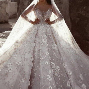 Luxurious Beading Floral Bridal Gowns Sheer Neck Long Sleevess Ball Gown Wedding Dresses