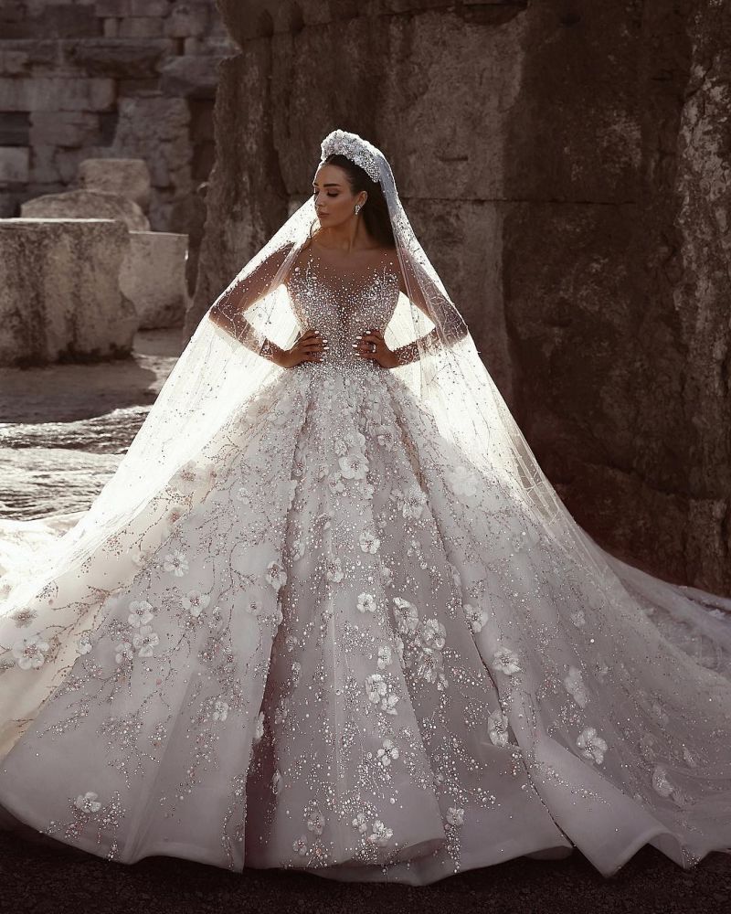 luxurious-beading-floral-bridal-gowns-sheer-neck-long-sleevess-ball-gown-wedding-dresses-showprettydress-4 Luxurious Beading Floral Bridal Gowns Sheer Neck Long Sleevess Ball Gown Wedding Dresses - Image 4