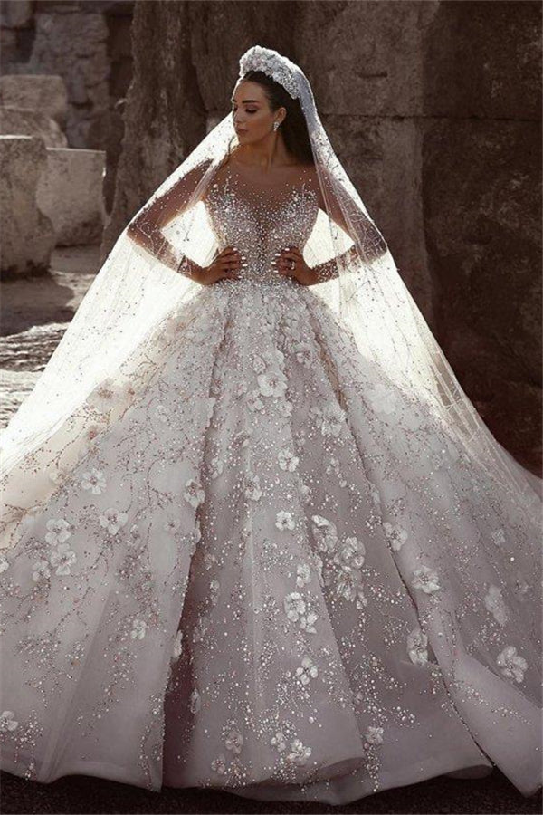 luxurious-beading-floral-bridal-gowns-sheer-neck-long-sleevess-ball-gown-wedding-dresses-showprettydress Luxurious Beading Floral Bridal Gowns Sheer Neck Long Sleevess Ball Gown Wedding Dresses