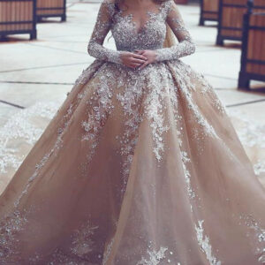 luxurious long sleeve beadings ball gown appliques wedding dress showprettydress