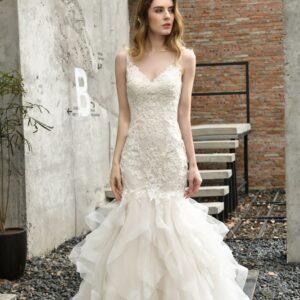 luxurious mermaid ivory v neck spring lace wedding dress with ruffless train showprettydress
