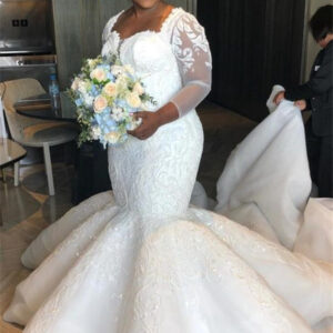 luxurious mermaid lace wedding dresses chapel train long sleevess appliques bridal gowms showprettydress