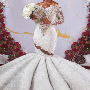 luxurious off the shoulder long sleevess mermaid ruffless appliqued beading wedding dresses showprettydress