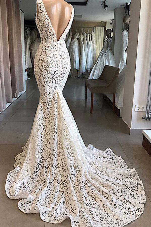 luxurious plunging v neck mermaid lace wedding dresses romantic bridal gowns for garden wedding showprettydress 2 luxurious plunging v neck mermaid lace wedding dresses romantic bridal gowns for garden wedding showprettydress 2