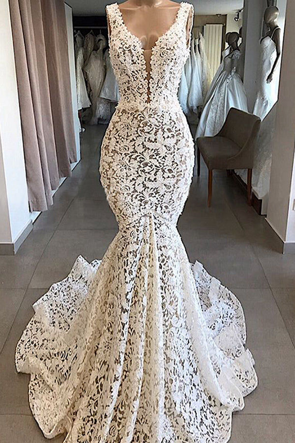 luxurious plunging v neck mermaid lace wedding dresses romantic bridal gowns for garden wedding showprettydress luxurious plunging v neck mermaid lace wedding dresses romantic bridal gowns for garden wedding showprettydress