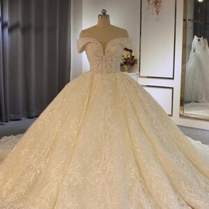 Luxury Long Ball Gown Off-the-Shoulder Lace Tulle Wedding Dresses with Beading