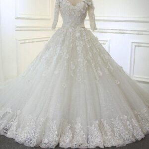 Luxury Long Ball Gown V Neck Lace Wedding Dresses with Sleeves