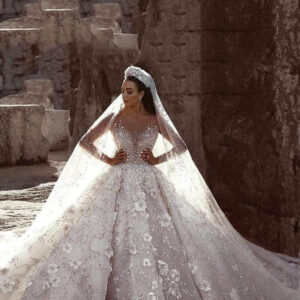 Luxury Long Sleeve Lace Ball Gown Beaded Wedding Dress