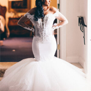 Mermaid Deep V-neck Floor Length Tulle Applique Wedding Dress