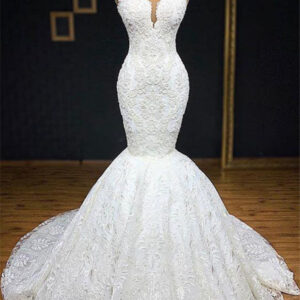 mermaid glamorous straps appliques backless sleeveless bridal gown showprettydress