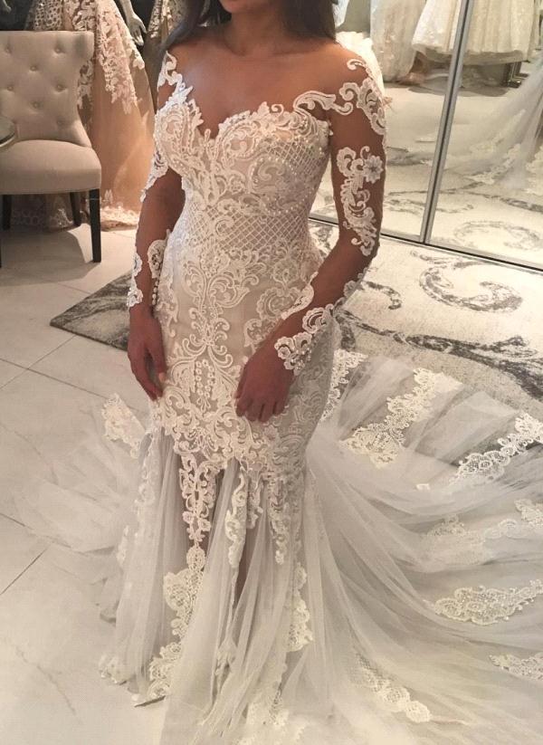 mermaid lace appliques modern tulle wedding dress long sleeves bride dress with long train showprettydress 2 mermaid lace appliques modern tulle wedding dress long sleeves bride dress with long train showprettydress 2