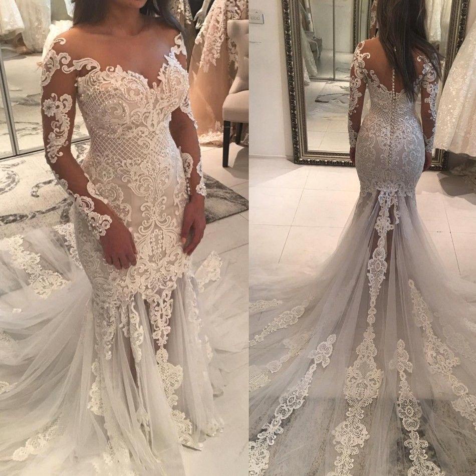 mermaid lace appliques modern tulle wedding dress long sleeves bride dress with long train showprettydress 3 mermaid lace appliques modern tulle wedding dress long sleeves bride dress with long train showprettydress 3