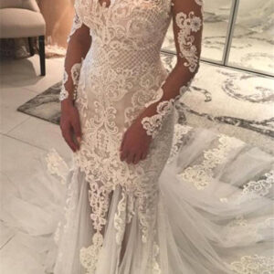 mermaid lace appliques modern tulle wedding dress long sleeves bride dress with long train showprettydress