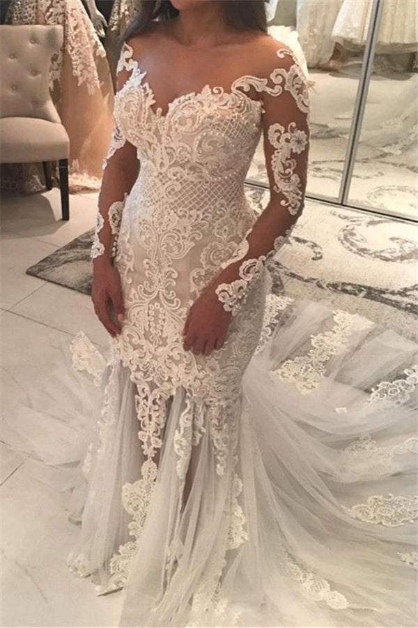 mermaid lace appliques modern tulle wedding dress long sleeves bride dress with long train showprettydress mermaid lace appliques modern tulle wedding dress long sleeves bride dress with long train showprettydress