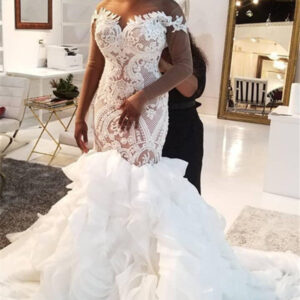 mermaid lace appliques tulle wedding dresses long sleevess delicate bridal gowns showprettydress