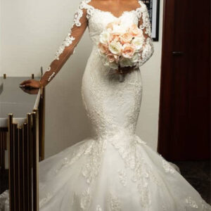 mermaid lace appliques wedding dresses with sleeves modern plus size bridal gowns onine showprettydress