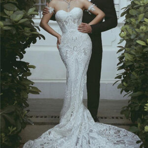 mermaid lace wedding dress modern court train sweetheart bridal gowns with sleeve decorations showprettydress